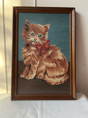 Vintage Handmade Needlepoint Embroidery Framed Cat with Bow used
