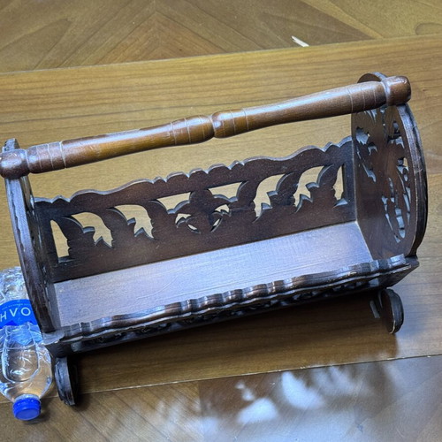 Wooden magazine holder, traditional hand-carved folk art design