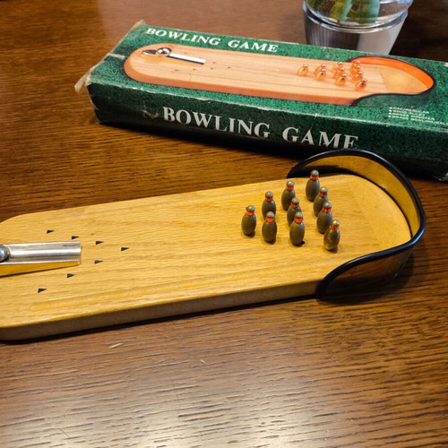 Vintage wooden bowling tabletop game used, 1980s era