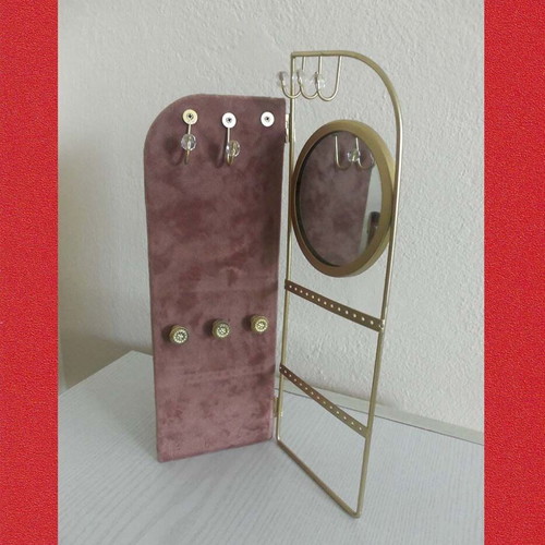 Jewelry Stand with Metal Frame and Round Mirror used, gold color