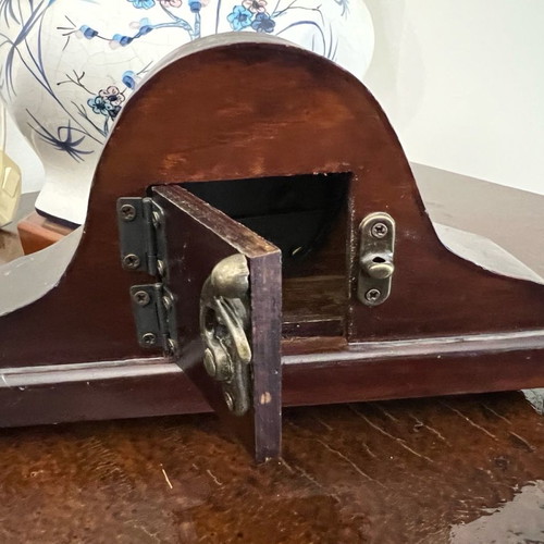 Table clock used, wooden with metal decorative elements