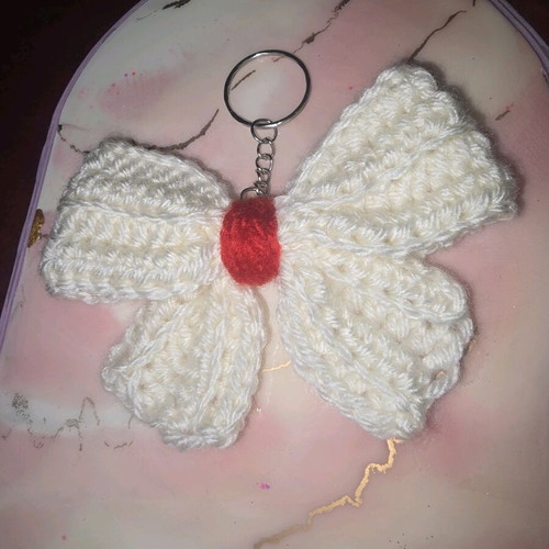 Handmade knitted keychain new, white with red