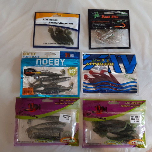 Fishing silicone lures used, 6 packs of shad and curly tail types