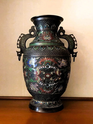 Large metal Asian cloisonné vase used