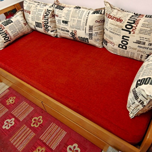 Custom solid beech wood sofa bed with storage drawers and cushions