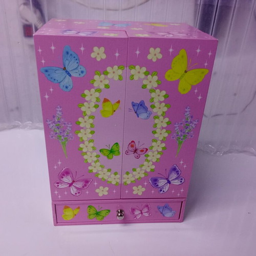 Children's musical jewelry box wardrobe, pink with butterflies
