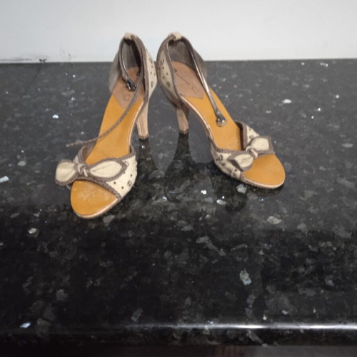 Fabric sandals used with cork heel, size 38, beige