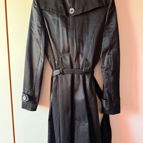 Forel trench coat black with black and white buttons size 44 small like new
