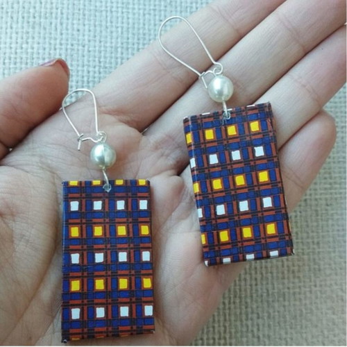 Double-sided earrings handmade from recycled paper, red and yellow
