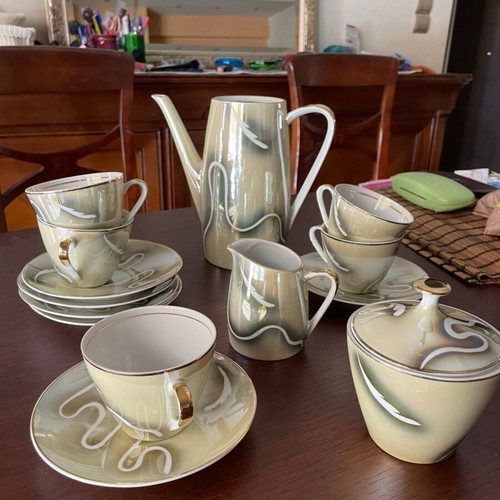 Vintage Bavaria 1960s coffee set 13 pcs, lusterware with gold