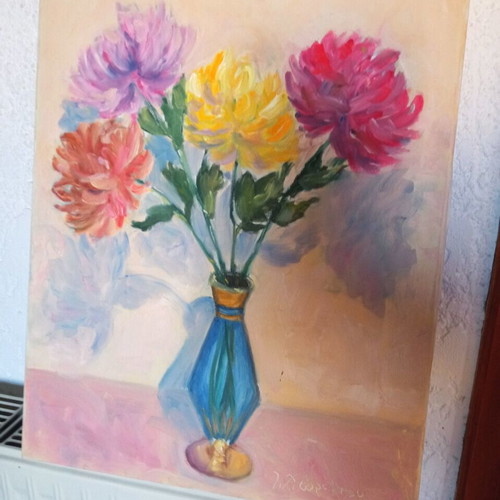 Oil painting on canvas authentic used, still life with dahlias