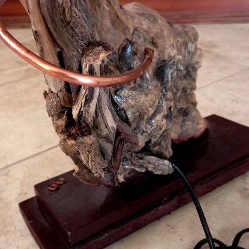 Handmade Driftwood Table Lamp with Copper Spiral and New Lampshade