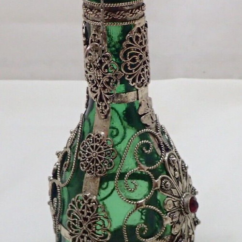 Vintage glass bottle with metal filigree technique from Ioannina folk art workshop