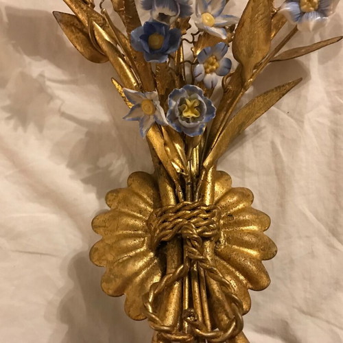 Antique wall lights used, set of 2 with porcelain flowers