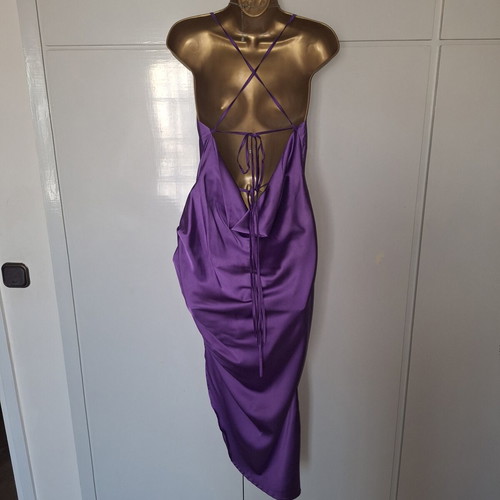 Shein purple satin ruched cross back slit dress, size M