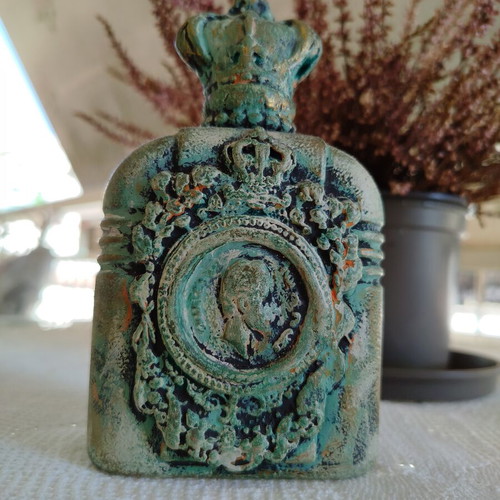 Handmade decorative bottle like new with mixed media and verdigris patina