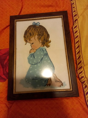 Hand-embroidered framed artwork used with wood and gilded patina