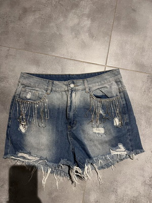 Denim shorts with strass fringes, like new, size L 40 12, blue