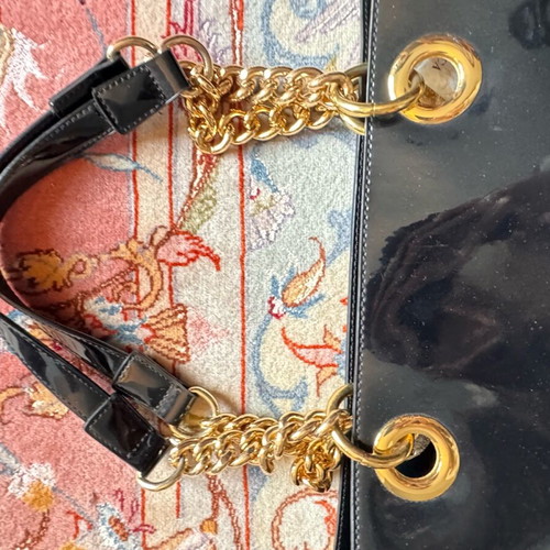 DKNY black PVC shoulder tote handbag with golden chain like new