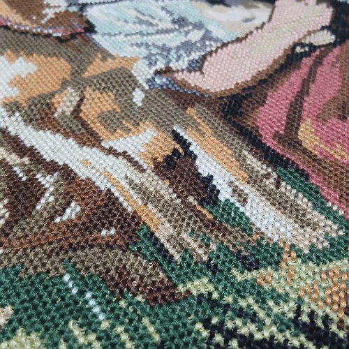 Handmade cross-stitch embroidery 60×80 with girl and pets