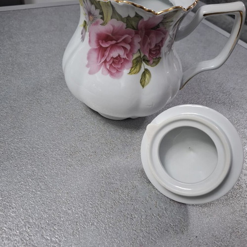 Vintage Limoge Royal Porcelain Teapot with Floral Design and Gold Details 20cm