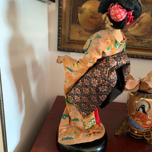 Japanese Geisha Doll used, 1960s with handmade clothes on wooden base