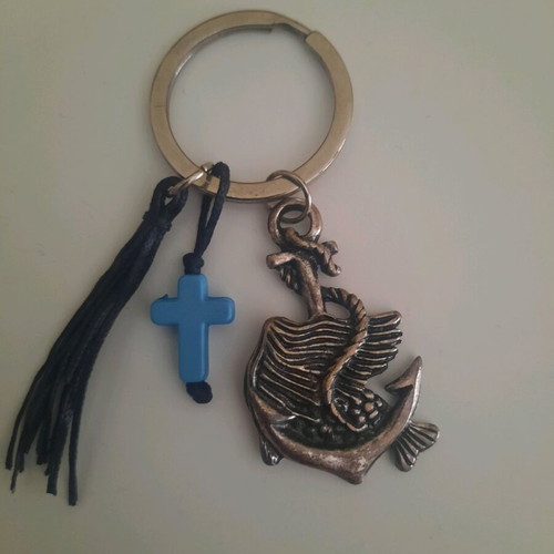 Handmade retro style mermaid anchor keychain with cross new, blue silver