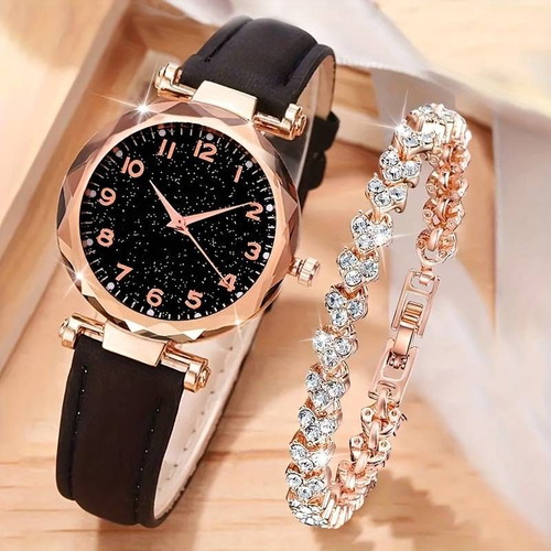 Watch and bracelet set new with leather strap and rhinestones