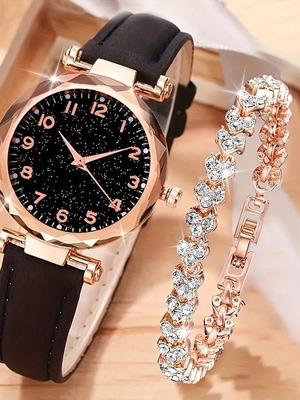 Watch and bracelet set new with leather strap and rhinestones