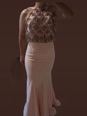Evening dress used in soft pink color, mermaid two-piece set