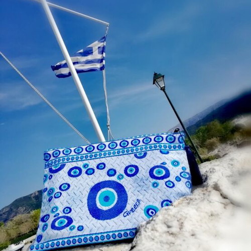 Handmade bag with woven front white and blue, new