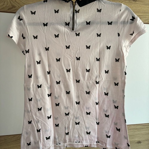 Bershka short-sleeve blouse like new, white with black hearts and collar