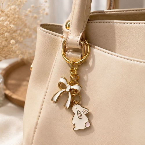Golden Bunny & Bow Handmade Keychain New, White