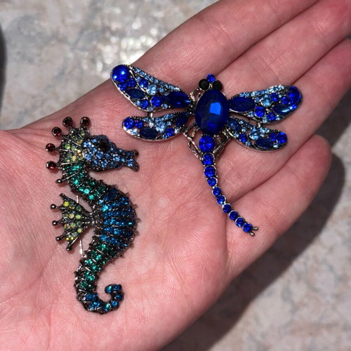 Seahorse and dragonfly pin set like new, blue