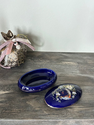 Vintage Japanese Porcelain Jewelry Box used, cobalt blue with handpainted peacock