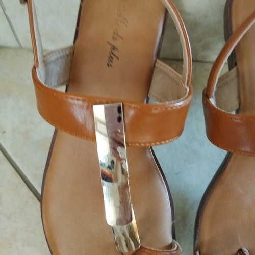Flat sandals used, tan with metallic detail, size 37