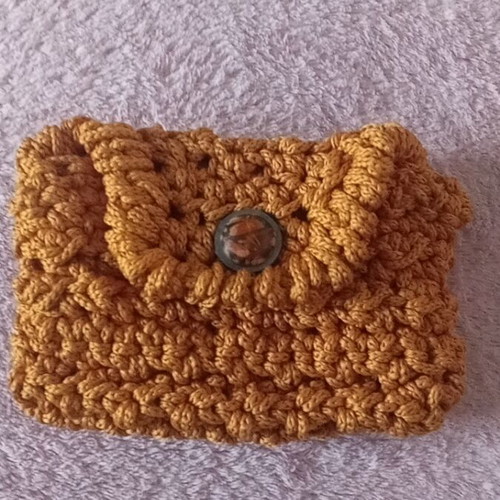 Mustard handmade knitted wallet with brown–black button new
