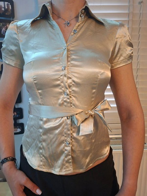 Satin Champagne Blouse with Waist Tie Size Medium like new