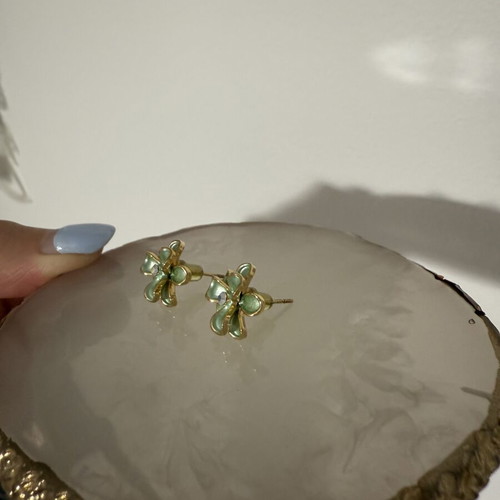 Green Flower Earrings 18k Gold-Plated Like New with Crystals