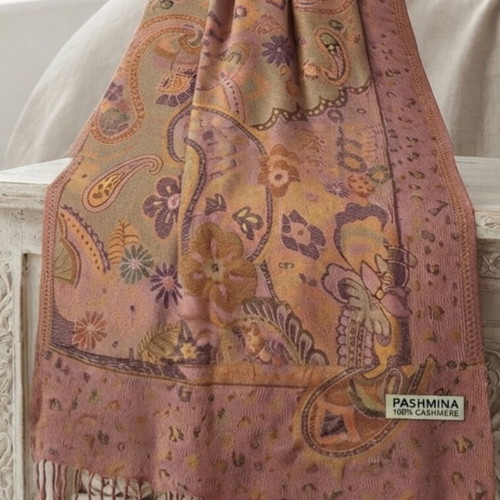 Pashmina scarf like new 100% cashmere pink gold floral design