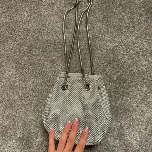 Evening bag new, silver with strass and adjustable strap