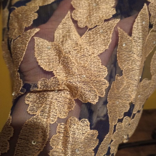 Dress kimono dark blue with gold beige floral embroidery and strass new L/XL