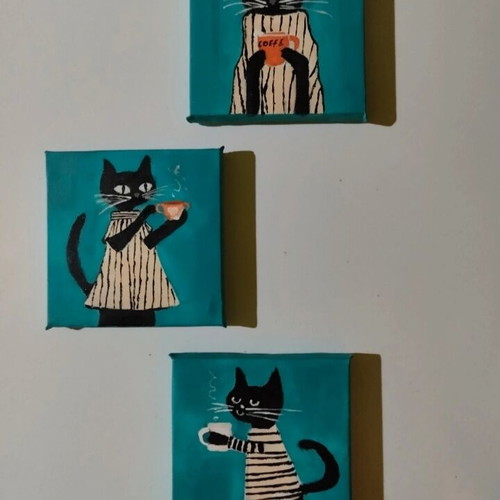 Set of 3 cat motif paintings on canvas new
