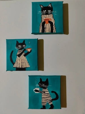 Set of 3 cat motif paintings on canvas new