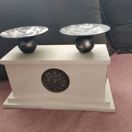 Wooden candlestick like new with metal bases off-white