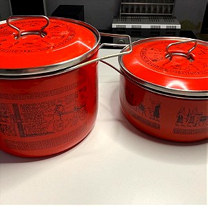2 SILTAL Red enamelled pots 1970 vintage design