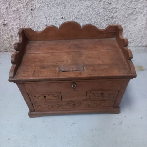 Greek carved wooden chest used, antique with decorative motifs and drawers