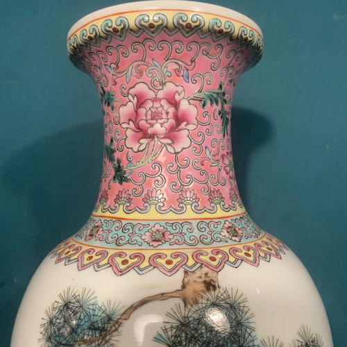 Chinese Famille Rose vase like new, 20th century with peacock and peony branch