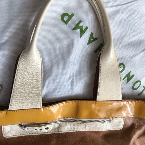Longchamp shoulder bag used, camel leather with white patent details