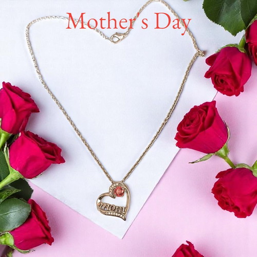 Stainless silver heart necklace with zircons and red crystal mom, new